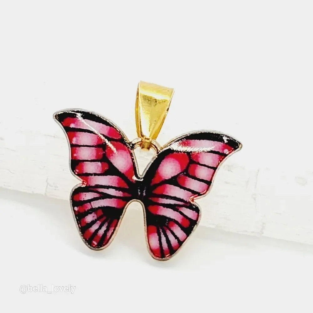 Small Pink Black Tibetan Gold Enamel Mixed Butterfly Pendant 0.8